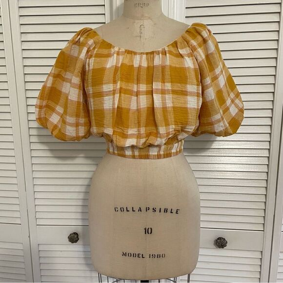 MNG by Mango Tops - MNG by Mango Yellow Plaid Cotton Cropped Peasant Top Sz-S NWT!
